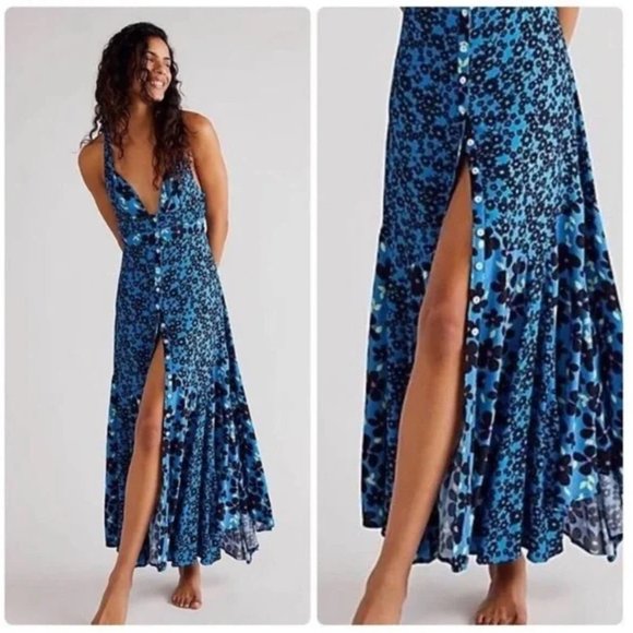 Free People Dresses & Skirts - NEW Free People Dewberry Maxi Dress Cobalt Combo Floral Blue Black Buttoned